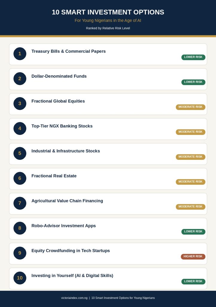 10 Smart Investment Options for Young Nigerians in this Age of AI 2 Numbered list infographic of 10 investment options for young Nigerians, each tagged with a lower, moderate, or higher risk level