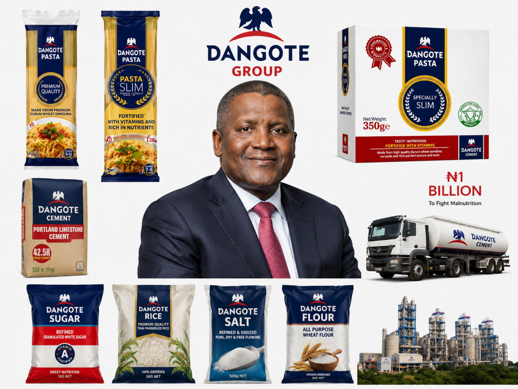 Top 10 Richest Nigerians and How They Built Their Wealth 2 Aliko Dangote pictured with Dangote Group products including pasta, cement, sugar, rice, salt and flour