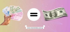 Illustration showing Nigerian naira banknotes held in a hand on one side, a US $100 bill on the other side, and an equals sign in the center representing the Dollar to Naira Exchange Rate Today in Nigeria.
