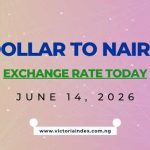 Featured image displaying the Dollar to Naira Exchange Rate Today for June 14, 2026, with bold blue and green text on a modern digital finance-themed background, branded with the Victoria Index logo.