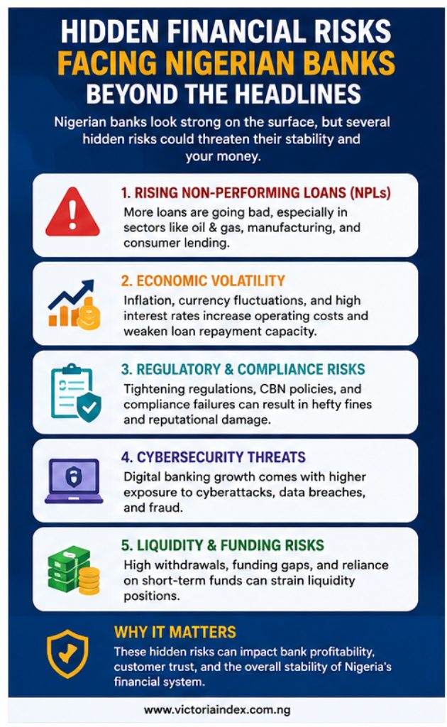Exclusive: The Hidden Financial Risks Facing Nigerian Banks 2 Infographic highlighting major hidden financial risks facing Nigerian banks, including credit risk, liquidity risk, interest rate risk, operational risk, and regulatory compliance risk.