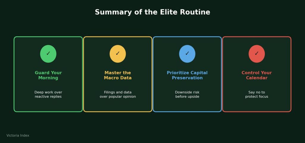 The Daily Habits of Successful Investors and Entrepreneurs: Routines of the Elite 4 Four-panel checklist summarizing the elite investor routine: guard your morning, master the macro data, prioritize capital preservation, and control your calendar