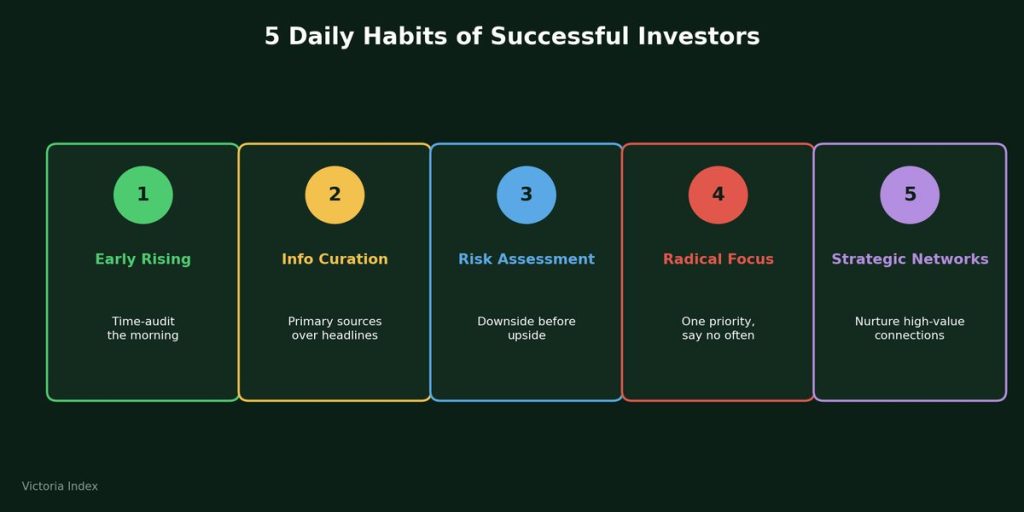 The Daily Habits of Successful Investors and Entrepreneurs: Routines of the Elite 3 Five-panel graphic listing daily habits of successful investors: early rising, information curation, risk assessment, radical focus, and strategic networks