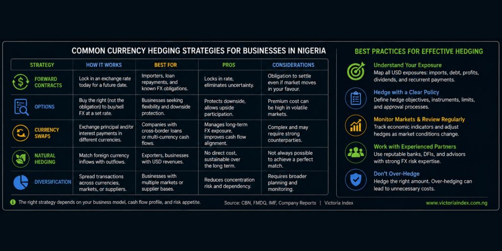 Exclusive Breakdown: Nigeria Currency Hedging Strategies Used By Elite Investors 3 Infographic comparing common currency hedging strategies including forward contracts, options, currency swaps, natural hedging, and diversification for managing foreign exchange risk.