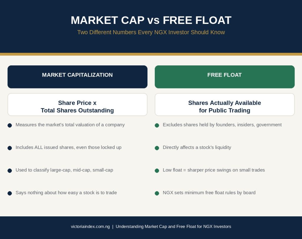 Side-by-side infographic comparing market capitalization and free float definitions for NGX stocks