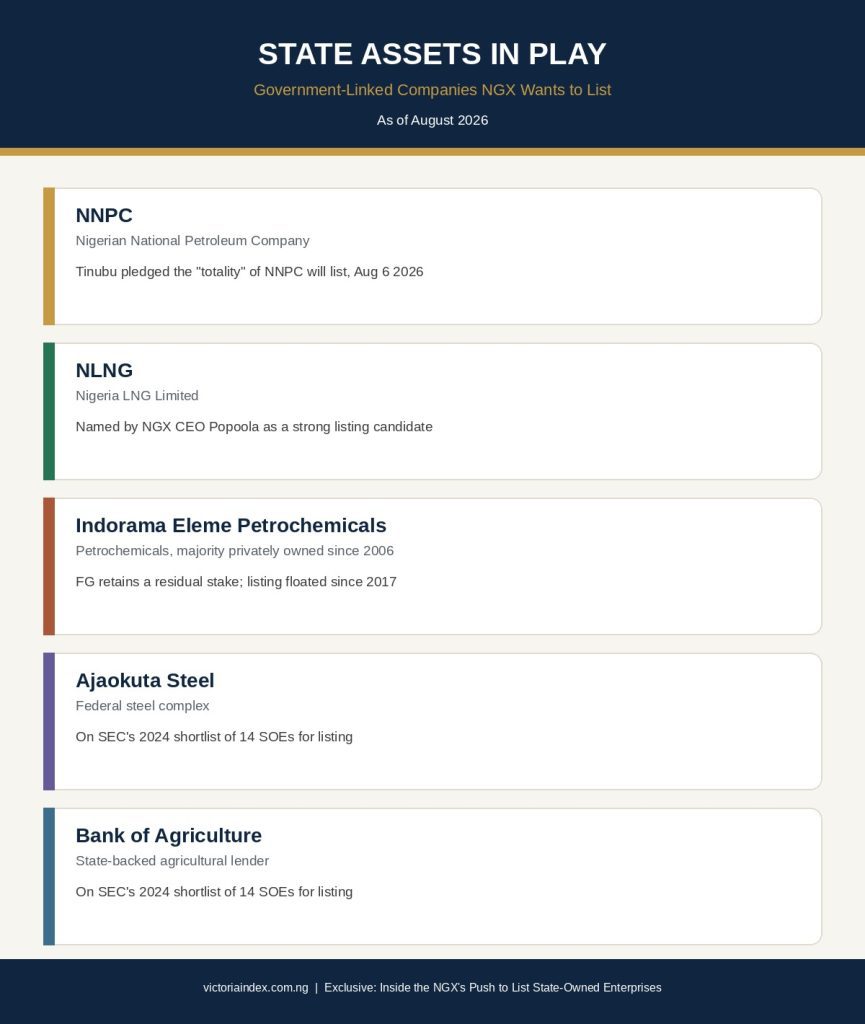 Infographic listing five state-owned or government-linked Nigerian companies under consideration for NGX listing: NNPC, NLNG, Indorama Eleme, Ajaokuta Steel, and Bank of Agriculture