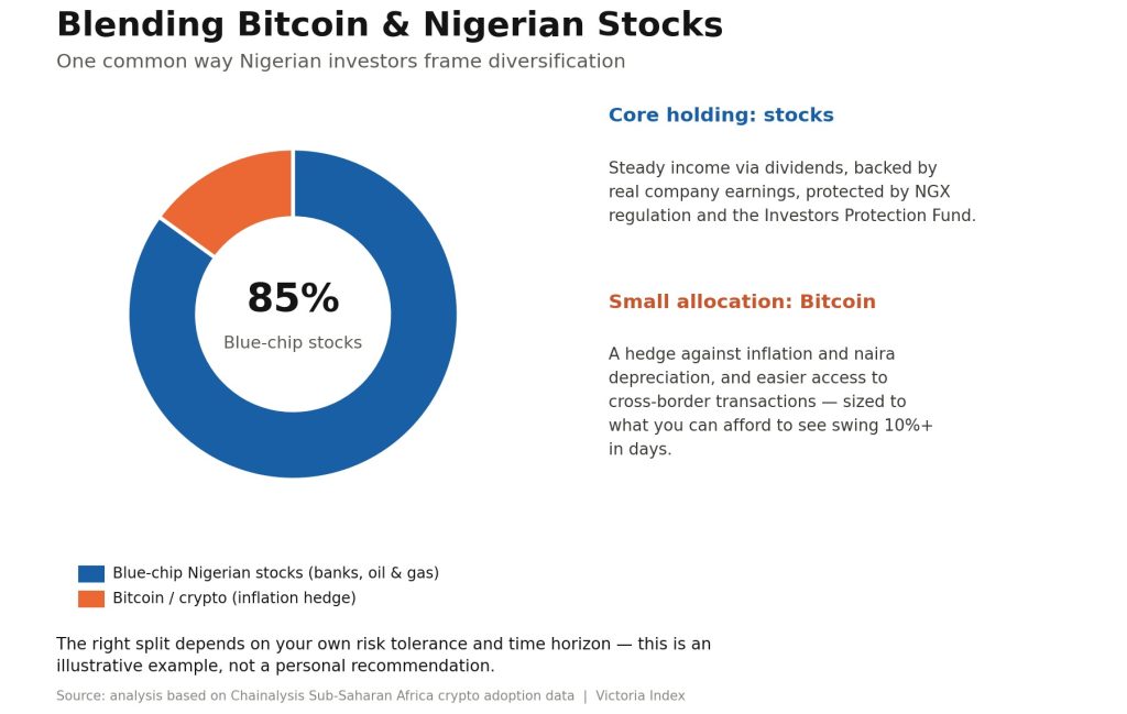 Bitcoin vs Nigerian Stocks: Which Investment Is Better in 2026? 4 Donut chart illustrating an 85% blue-chip Nigerian stocks and 15% Bitcoin portfolio allocation, showing stocks as the core income holding and Bitcoin as a small inflation hedge