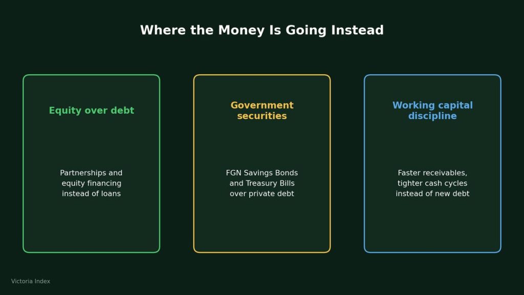 Why the Rising Cost of Credit Is Changing How Nigerians Borrow in 2026 3 Three-panel graphic showing where Nigerian borrowers are redirecting capital: equity over debt, government securities over private borrowing, and working capital discipline over expansion debt